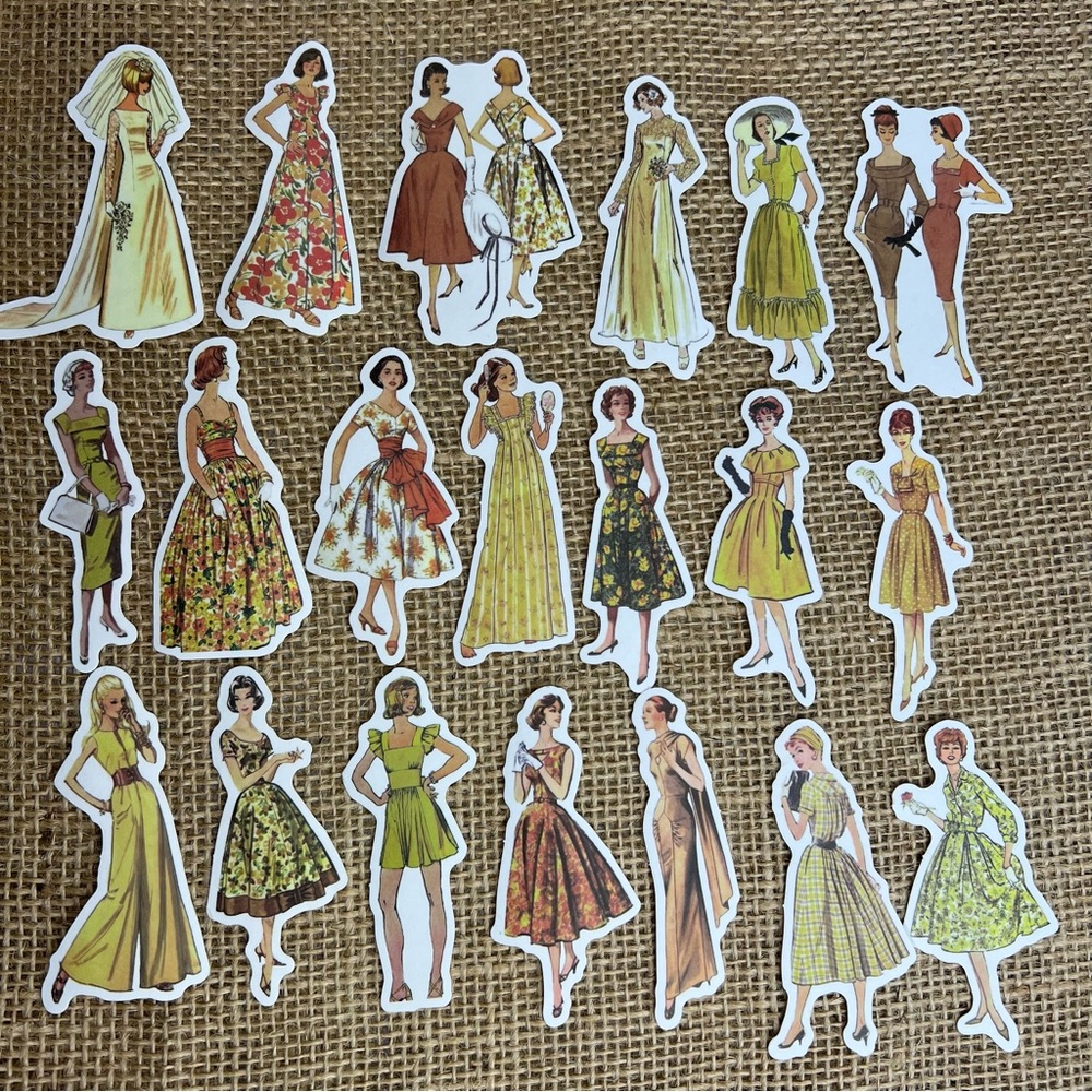Vintage Fashion In Shades Of Yellow, Ballgowns, Cocktail Dresses, 40 Stickers